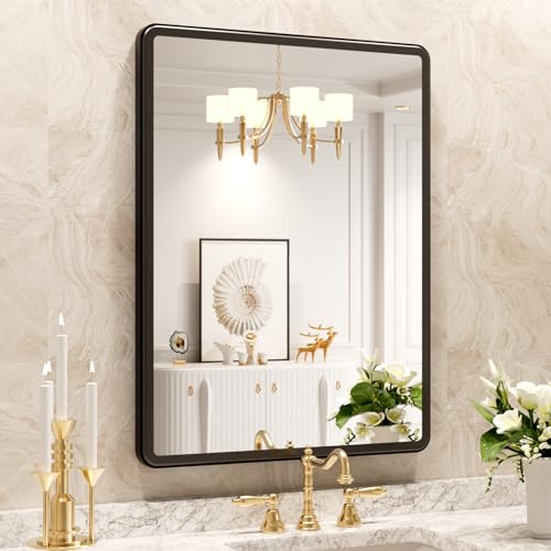 New Upgrade Bathroom Mirror, 22X30 Inch Black Metal Frame Wall Mounted Rounded Rectangle Bathroom Vanity Mirror with Tempered Glass for Washroom Bedroom Living Room
