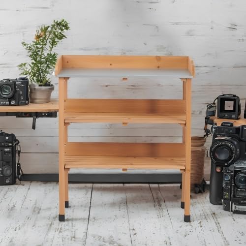 30″x14.5″×35.5″ Potting Table w/Metal Tabletop, 3 Layers Outdoor Work Bench w/Hook for Garden, Solid Wood Workstation for Garage