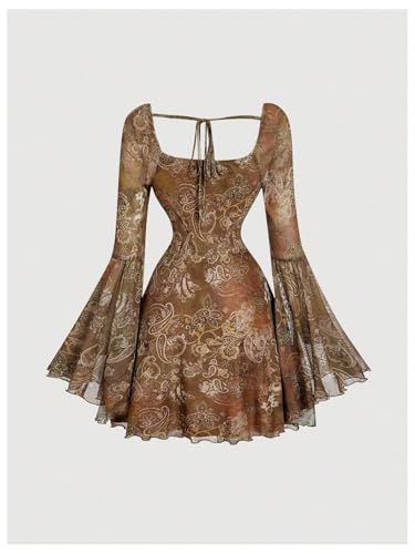 Image of WDIRARA Women's Floral Jacquard Gothic Bell Long Sleeve Dress | Mesh , A Line, Vintage