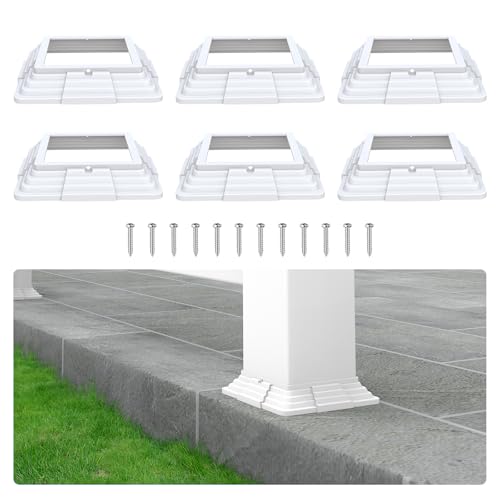 6 Pack 4 x 4 (3.5 inch x 3.5 inch) Vinyl Post Skirt Post Base Cover Column Wraps for Wood Hand Stair Rails and Porch Deck Post Base Black Post Trim - White