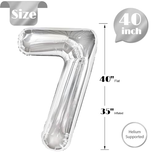 Image of Silver 7 Balloon, Number Balloons 40 Inch, 7th Birthday Decorations, Silver Party Decoration for Women Men, Number 7 Balloon