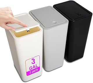 N. NETDOT 3 Pack Small Trash Can with lid, 3 Gallon Bathroom Trash Can,Garbage Can Slim Trash Bin Waste Basket for Bathroom,Kitchen,Bedroom,Living Room,Office,Laundry - Off White,Black,Grey