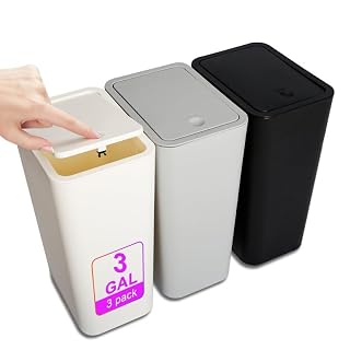 N. NETDOT 3 Pack Small Trash Can with lid, 3 Gallon Bathroom Trash Can,Garbage Can Slim Trash Bin Waste Basket for Bathroom,Kitchen,Bedroom,Living Room,Office,Laundry - Off White,Black,Grey - Amazon product rated Grade A