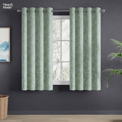 Image of haus & kinder Jacquard Window Curtains 5 Feet Long Pack of 2 Window Curtains, 5 Feet Curtains for Window (Mint Groove, Mint Floral Nature Design 130x152 CM)