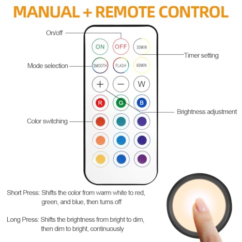 AUAUY - Paquete 6 Luces LED para Gabinete, Luz Armario Pilas, RGB Luzes con Control Remoto, Brillo Ajustable Alimentado por 3 Pilas AA (No Incluido)-Negro - imagen 4