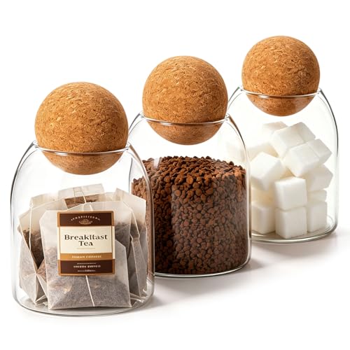 Image of ComSaf Glass Tea Coffee Sugar Canisters 450ml Set of 3 with Cork Ball Lids