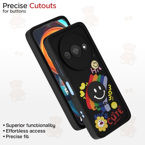 Image of Pikkme Back Cover for Redmi A3 (2024) / Redmi A3x / Poco C61 | Soft Silicone| Cute Rainbow Smile & 3D Cartoon Flower Design | Shockproof Raised Camera Protection Bumper Case (Black)