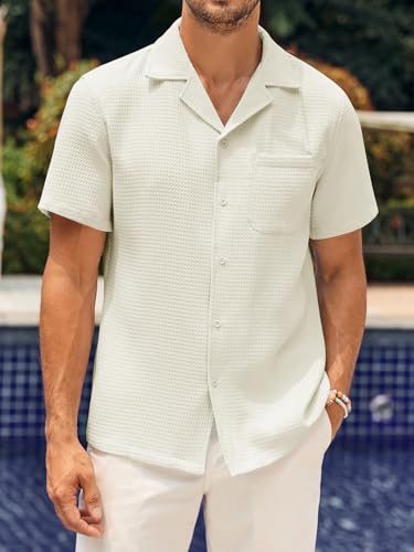 Mens Waffle Button Down Shirt Short Sleeve Loose Fit Cuban Summer Beach Plain Tops2