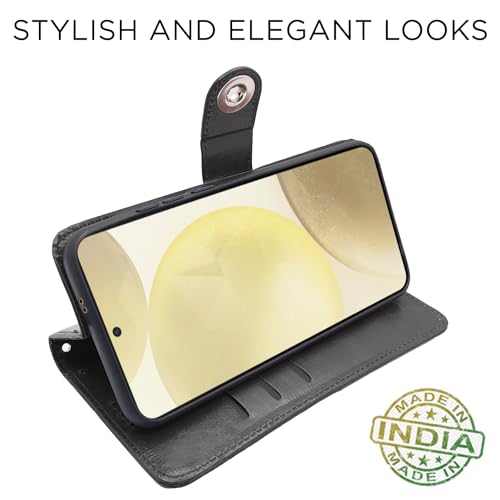 Image of Pikkme Samsung Galaxy S24 5G Flip Cover Leather Finish | Inside TPU with Card Pockets | Wallet Stand and Shock Proof | Complete Protection Button Flip Case (Black)