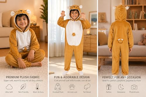 Image of Raj Costume Animal Fancy Dress Costume for Boys & Girls | Hooded Full Body Wildlife Zoo Animal Jumpsuit | Soft Costume for School Function, Fancy Dress, Halloween, Birthday, Cosplay & Role Play