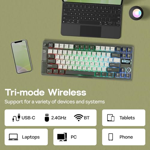 Image of EPOMAKER RT85 Wireless Mechanical Keyboard with Joystick & DIY Screen, 8000mAh, BT /USB /2.4Ghz, Gasket, Hot-Swap, PBT Keycap, 75% Gaming Keyboard (Army Green, Crystal Tactile)