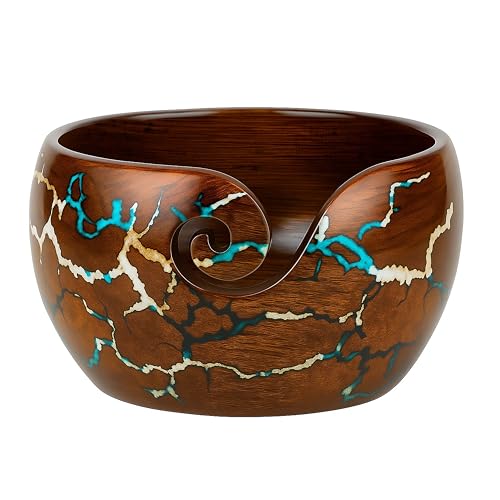 Image of Wooden Yarn Bowl Knitting & Crochet Yarn Holder | Handcrafted Crochet Bowl with Fractal Wood Burning & Blue Resin Inlay (Blue Large 7x7x4) (Multi)