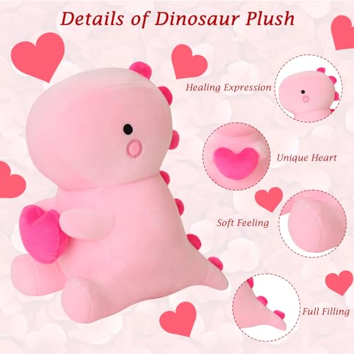 SQEQE Dinosaur Stuffed Animal, Loving Soft Dino Plush Toys with Holding Heart for Valentine Day, Sweet Romantic Anniversary Birthday Gift for Her Girls Boys Girlfriend Pink 30CM