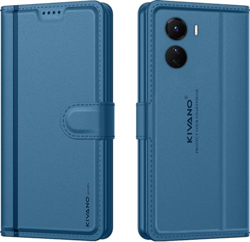 Image of KIVANO LUXE Compatible for Vivo T2x 5G / Y56 5G / Y16 4G Luxury Handmade Leather Magnetic Flip Folio Case | Card Holder & Kickstand | Slim Protective Cover | Unisex - Blue