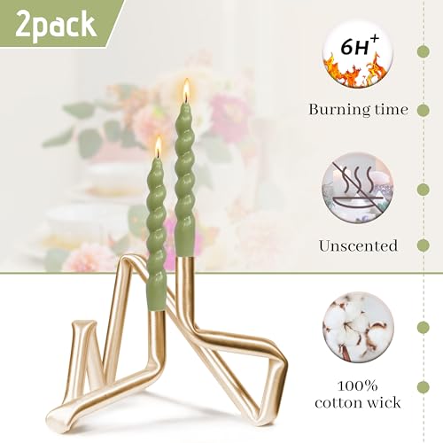 Image of DRIPLESS Unscented Twisted Taper Candles Handmade Candlestick Grass Green Spiral Taper Candles 7.5 Inch Decorative Candle Smokeless for Party Gifts 2 PCS