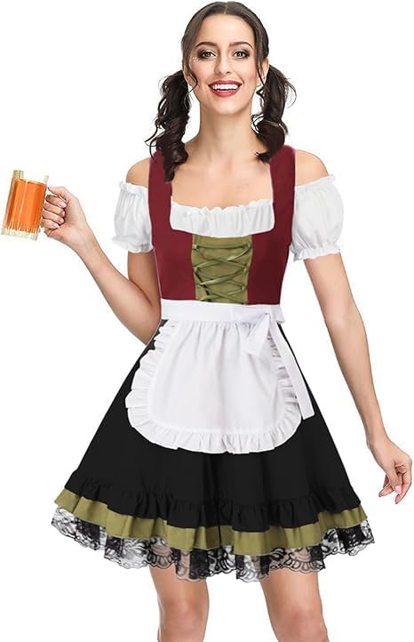 KANCY KOLE Beer Dress Bavarian Oktoberfest Costumes Maid Costume Fancy Dress Outfit Outfit Short Sleeve Cold Shoulder black-red XL KCH02115-4