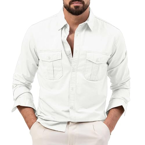Camicia da uomo a maniche lunghe safari a maniche lunghe, vestibilità larga, stile cargo tattico, tessuto leggero, chiusura a bottoni, ideale per escursioni e viaggi, bianco, L
