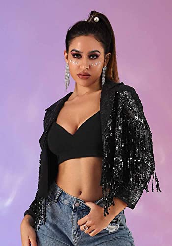 Evild Women’s Sequins Party Bomber Jackets Long Sleeve Glitter Jacket Tassel Sparky Open Front Bomber Blazers Sparky Cocktail Black #TOP6