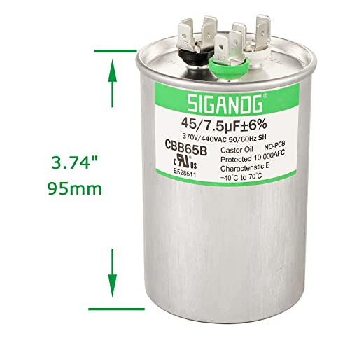 SIGANDG 45/7.5 uF 45+7.5 MFD 370V or 440V CBB65 Dual Run Start Round Capacitor 45 7.5 uF MFD 370 440 Volt VAC for Condenser Straight Cool or Heat Pump Air Conditioner