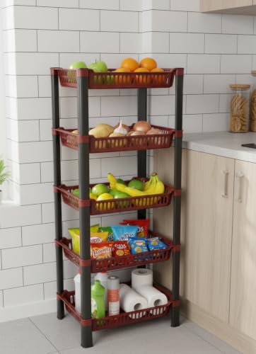 Image of U-Max Multi Tire Kitchen Storage Rack, Plastic Utility Shelf Organiser, Space Saving Storage Solution, Revolving Vegetable Rack (Maroon, 5)