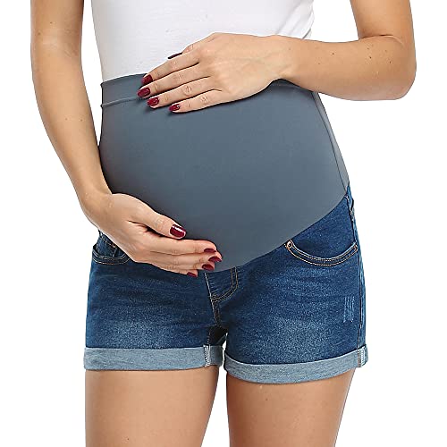 fitglam Women's Maternity Jean Shorts Over The Belly Pregnancy Denim Lounge Shorts Inseam 2.5 Inches