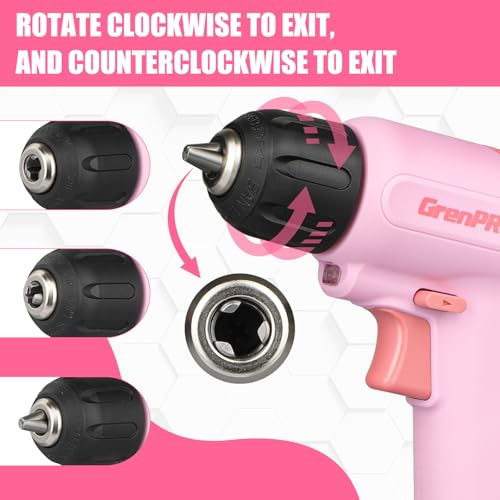 Image of GRENPRO Cordless Drill, 7.2V Power Drill Set with 23pcs Acessories, 3 /8 inch Keyless Chuck, Built-in LED, Type-C Charge Cable, Cleaning Brush Head, Pink Electric Screwdriver for Women