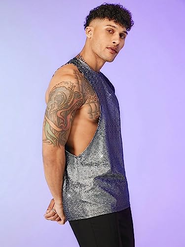 WDIRARA Men's Metallic Glitter Sequin Tank Tops Cut Out Round Neck Party Club Sleeveless Tops