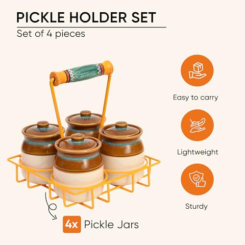 Image of AAKRITI ART CREATIONS Char Chatore Barni Set with Yellow Handpainted Metal Stand | Set of 4 Ceramic Achar ki Barni & Mukhwas Box | Handcrafted Storage Jar for Spice & Pickle