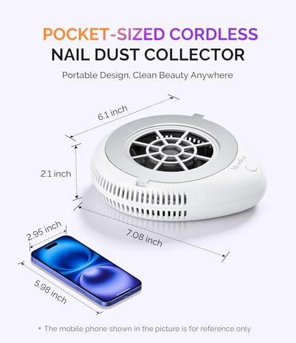 Image of MelodySusie Compact Cordless Nail Dust Collector, PProR 6000RPM Mini Nail Vacuum Fan with 3 Suction Modes and 30 Disposable Filter Papers for DIY & Daily Nail Care,White