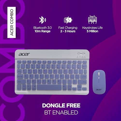 Image of Acer Nano Pad Rechargeable Bluetooth Keyboard & Mouse Combo, 3 DPI Upto 1200 DPI, 78 Keys Anti Slip Back, Ultra Thin Design for Tablet, Laptop, Mobile, 10m Working Distance, Scissor Footed (Purple)