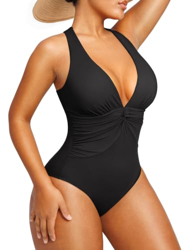 Image of SHAPELLX Women's One Piece Swimsuit Tummy Control Ruched Full Coverage Bathing Suit V Neck Slimming Swimwear