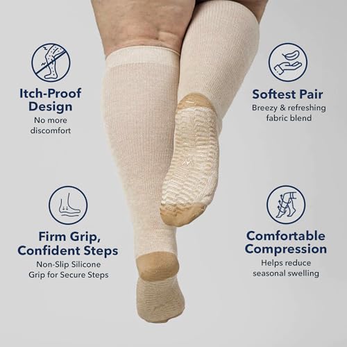 Image of Wellow Wide Calf Grip Compression Socks for Men & Women, Non-Slip Socks, 18-25 mmHg Made with Viscose from Bamboo, Nurses & Pregnancy Support, Relieves Swelling, Knee High, XL, Surf Twist