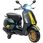 AIYAPLAY Vespa Licensed 12V Kids Electric Motorbike, Kids Ride on Motorcycle with Music, Headlight, MP3, FM Radio, Two Training Wheels, for 3-6 Years - Green