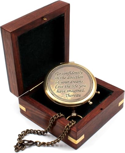 Brújula de bolsillo grabada con caja de madera miniatura 1