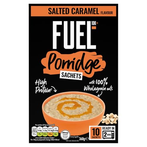 FUEL10K Salted Caramel Protein Porridge Oat Cereal Sachets, 10 x 36 g (Pack of 8)