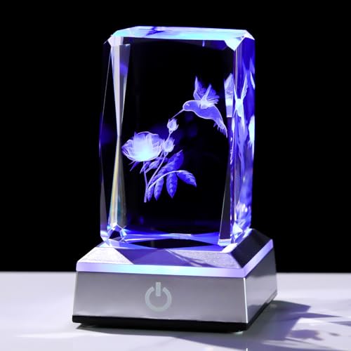 Image of Ornalrist Rose Hummingbird Gifts for Women Crystal 3D Engraved with LED Light Base, Rose and Hummingbird Figurines Rose Gifts Hummingbird Decor for Home Office