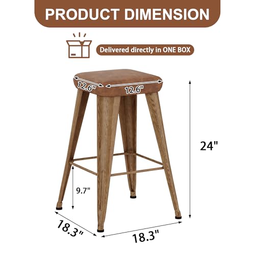 Image of Yongchuang Backless Bar Stools Set of 4, 24 inch Walnut Brown Metal Barstools | Upholstered Faux Leather Square Seat, Modern Farmhouse Counter Height Stools for Kitchen Island, Dining Room, Home Bar