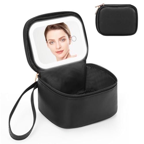 Relavel Estojo de maquiagem, bolsa de maquiagem com espelho de LED, 01 - Preto, 1-Mini, Bolsa de maquiagem portátil para viagem