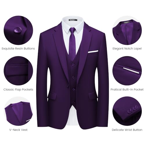 WULFUL Men’s Slim Fit Suit One Button 3-Piece Blazer Dress Business Wedding Party Jacket Vest & Pant