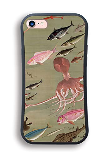 【耐衝撃グリップケース】 スマホケース 伊藤若冲 ☆世界の名画☆ 百犬図 鳥獣花木図屏風 旭日雄鶏図 紫陽花双鶏図 日本画 衝撃吸収 絵画 芸術 アート (iPhoneSE3 iPhoneSE2 iPhone8互換, 諸魚図 蛸)