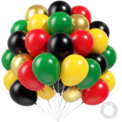 60pcs Juneteenth Balloons 12inch Dark Green Red Metallic Gold Black and Yellow Balloons for Black History Month Juneteenth Party Decorations