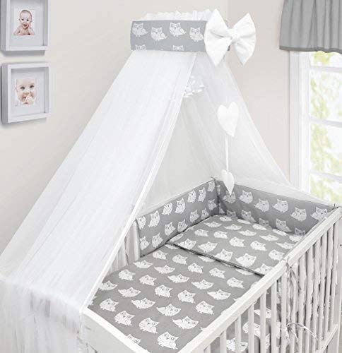 BABYMAM Baby Cot Canopy with Holder, Decorative Chiffon Mosquito Net with Ribbon and Hanging Hearts, Fits Standard Cots and Cot Beds (Owls Grey)