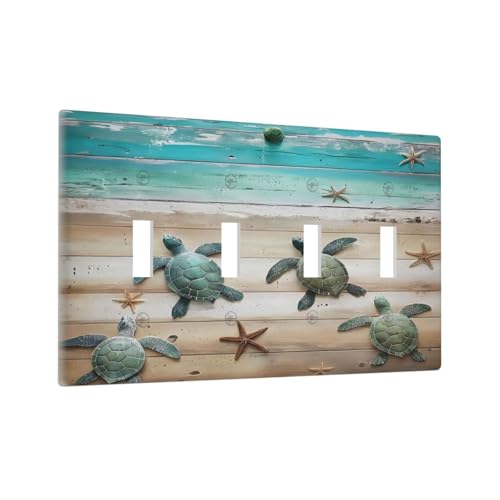 Decorative Light Switch Cover Plate Turtle Starfish Beaches Blue Wood Plank 4 Gang Wall Plate Oversized Quad Toggle Switch Cover Plate Jumbo Faceplate for Bathroom Decor