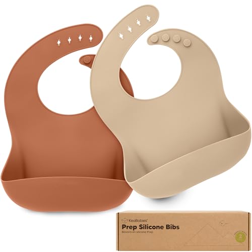 Image of KeaBabies 2-Pack Silicone Baby Bibs for Eating - Sturdy Food-Grade Silicone Bibs for Babies Girl, Boy, Large Food Catcher, Clean & Put On Easily, Waterproof Toddler Feeding Essentials (Terracotta)