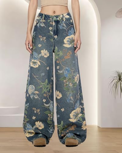 Women Men's Plant Flower Print Baggy Jeans, Streetwear Vintage Loose Flowers Printed Button Denim Pants with Pockets4
