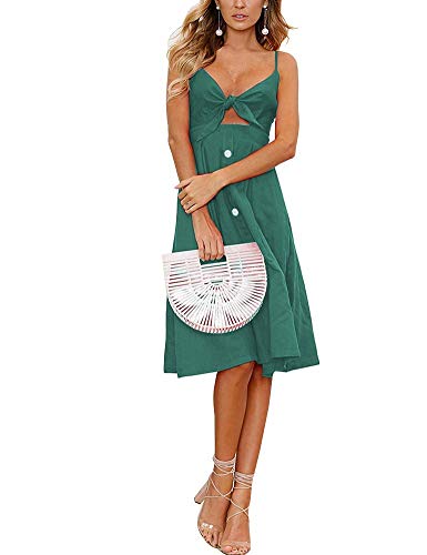 Image of FANCYINN Womens Tie Front Button Down A-Line Dresses Summer Spaghetti Strap Midi Dress Floral Prints