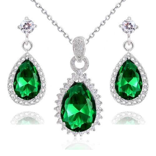 Crystalline Azuria Mujer 18ct Chapado en Oro Blanco Lágrimas Esmeralda simulada Verde Zirconia Juego de joyas Collar Pendientes