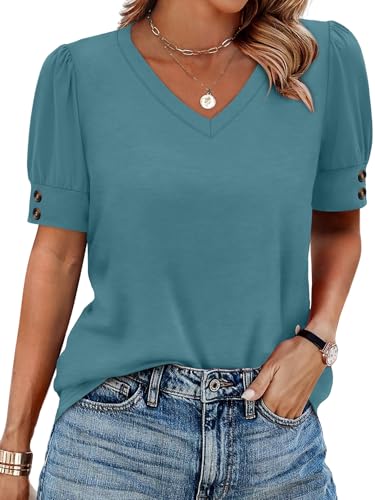 Womens Blouses Dressy Casual Spring Tops Short Sleeve Summer Outfits Plus Size Womens Clothing V Neck Oversized Tshirts Shirts Teal 3XL