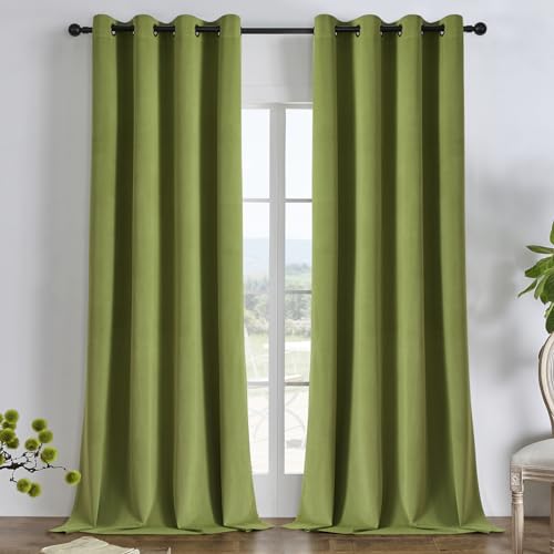 Joydeco Moss Green 100% Blackout Curtains 108 Inch 2 Panels, Luxury Thermal Green Velvet Curtains for Bedroom Living Room, Soundproof Blackout Window Drapes, Grommet Top (52W x 108L)