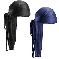 2 Stücke Durag mit Langem Schwanz, Unisex Durag Men Silk Piraten Bandanas mit Langem Schwanz und Breiten Trägern für Männer Frauen die tägliche Hip-Hop-Dekoration (Schwarz+Marineblau)